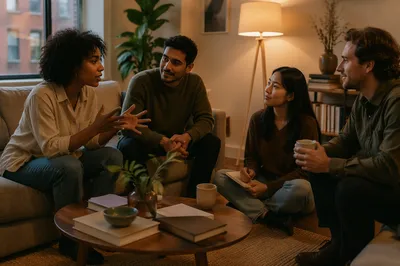 Friends Talking in Cozy Apartment Living Room
