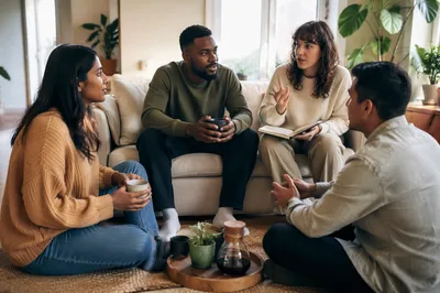 Four Friends Talking in Sunny Apartment