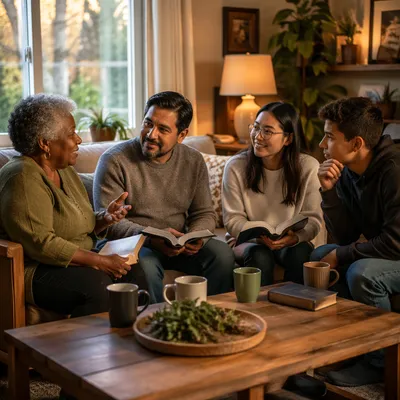 Intergenerational Group Reading in Cozy Living Room
