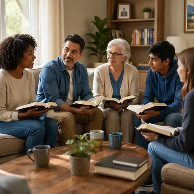 Intergenerational Bible Study in Bright Living Room