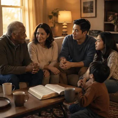 Intergenerational Group Reading in Cozy Living Room
