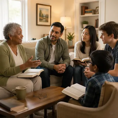 Intergenerational Bible Study in Bright Living Room