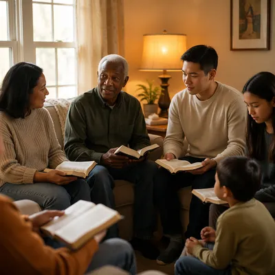 Intergenerational Group Reading in Cozy Living Room