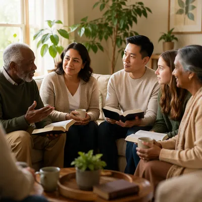 Intergenerational Book Discussion in Bright Living Room