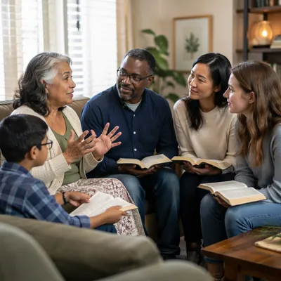 Intergenerational Book Discussion in Bright Living Room