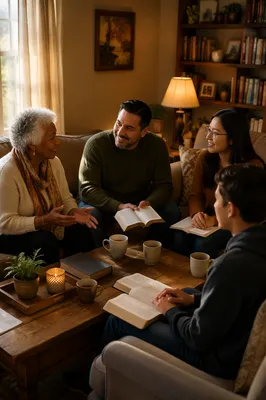 Intergenerational Group Discussion in Cozy Living Room