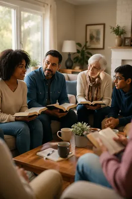 Intergenerational Bible Study in Bright Living Room
