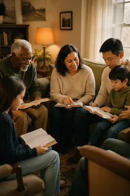 Intergenerational Bible Study in Cozy Living Room