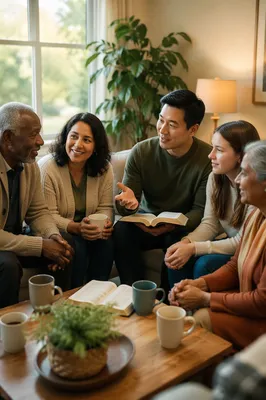 Intergenerational Reading Group in Bright Living Room