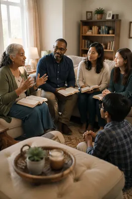 Intergenerational Book Discussion in Bright Living Room