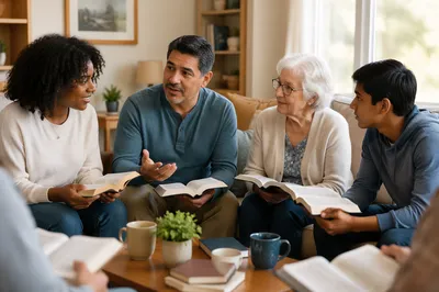 Intergenerational Bible Study in Bright Living Room