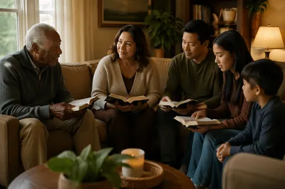 Intergenerational Bible Study in Cozy Living Room