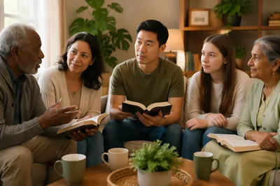 Intergenerational Book Discussion in Bright Living Room