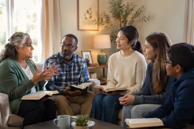 Intergenerational Bible Study in Bright Living Room