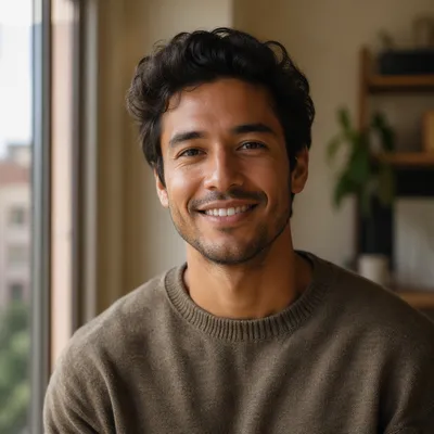 Warm Smiling Man by Apartment Window