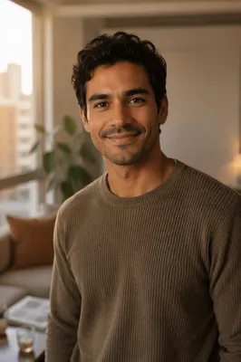 Warm Smiling Man by Apartment Window