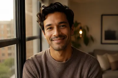 Warm Smiling Man by Apartment Window