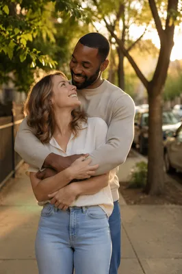 Loving Mixed-Race Couple on City Sidewalk