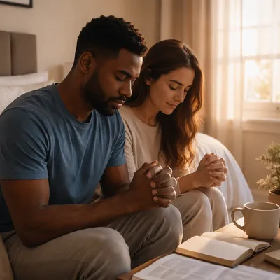 Mixed-Race Couple Praying in Morning Bedroom
