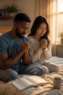 Couple Praying by Sunlit Bedroom Window