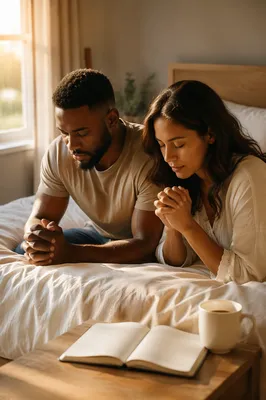 Mixed-Race Couple Praying by Sunlit Window