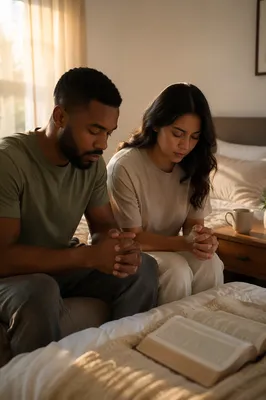 Mixed-Race Couple Praying on Bed