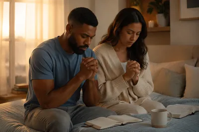 Mixed-Race Couple Praying in Bedroom Morning