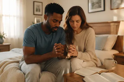 Mixed-Race Couple Praying in Morning Light