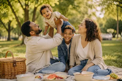 Joyful Mixed-Race Family Picnic in Park