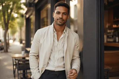 Handsome Mixed Race Man on City Sidewalk