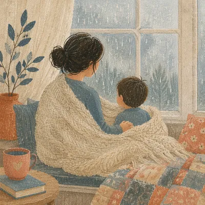 Tender Mother and Child Rainy Window Moment