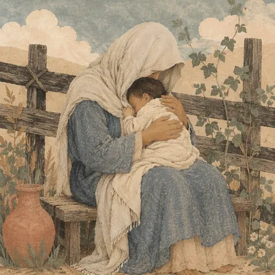 Tender Mother and Child Garden Embrace