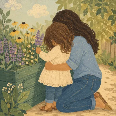 Tender Mother and Child Garden Embrace
