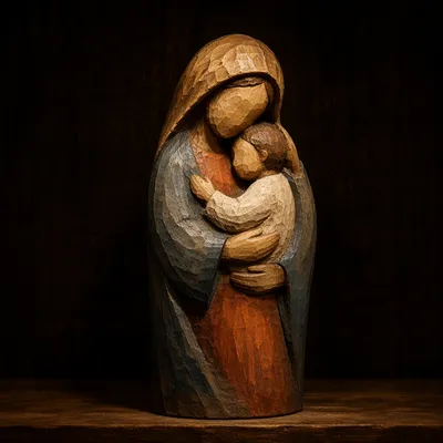Tender Mother and Child Wooden Relief