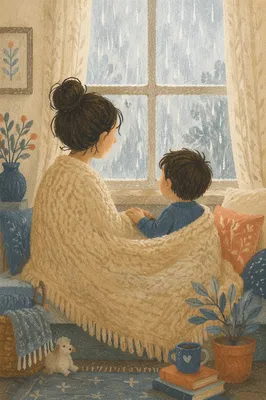 Tender Mother and Child Rainy Window Moment