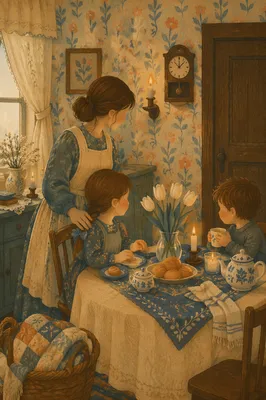 Tender Mother and Children at Vintage Table