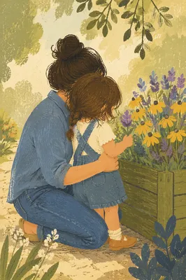 Tender Mother and Child Garden Embrace