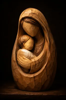 Tender Wooden Mother and Child Embrace