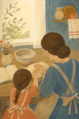 Tender Mother and Child Breadmaking Moment