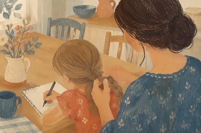Tender Mother Braiding Child Hair at Table