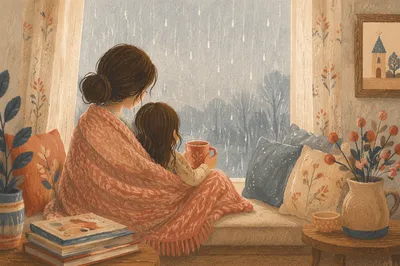 Tender Mother and Child Rainy Afternoon