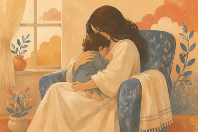 Mother Cradling Child in Warm Light
