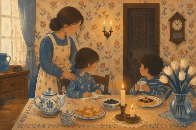 Tender Mother and Child at Vintage Table
