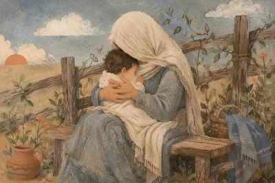Tender Mother and Child Garden Embrace