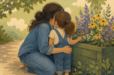 Tender Mother and Child Garden Embrace