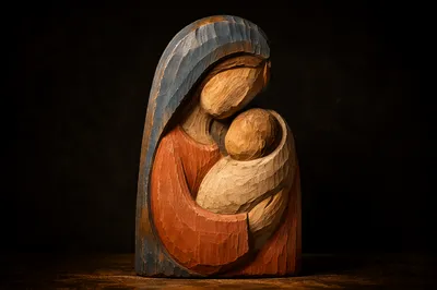 Tender Wooden Mother and Child Embrace
