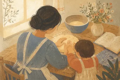 Tender Mother and Child Breadmaking Moment