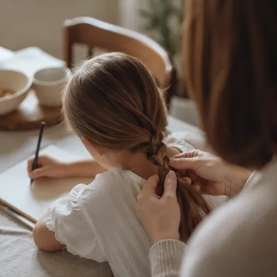 Mother Braiding Child Hair in Morning Light