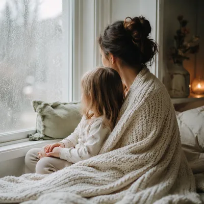 Tender Mother and Child Rainy Window Moment