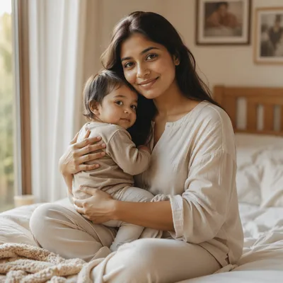 Tender Mother and Toddler on Bed